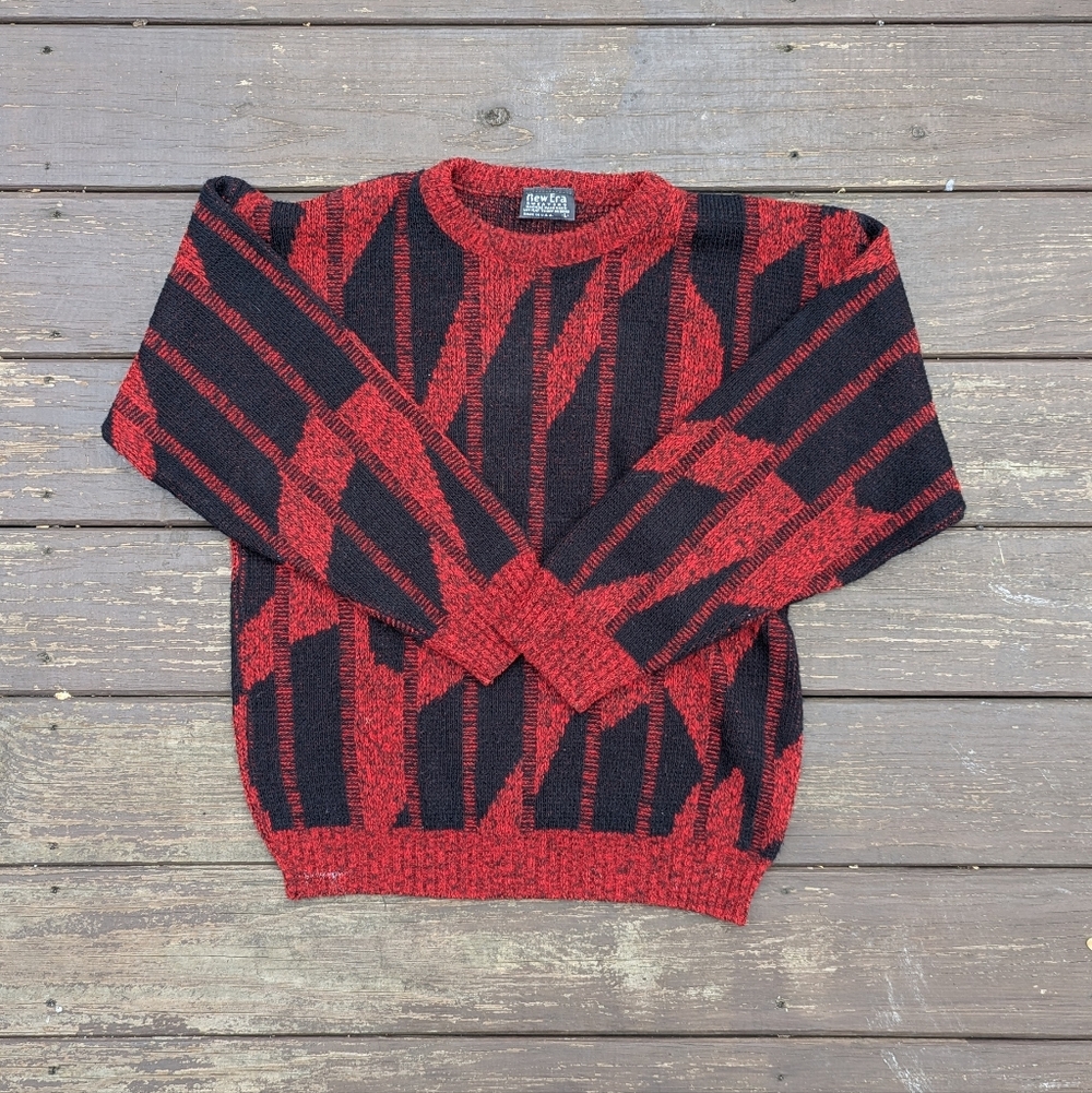 Vintage 90s New Era Red and Black Abstract Sweater